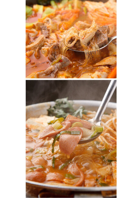 깨끗하게 손질한 곱창으로 전골을 끓이면 구수한 맛과 기름진 풍미가 일품이다(위). 각종 햄과 소시지가 어우러져 맛을 내는 부대찌개. [GettyImage]