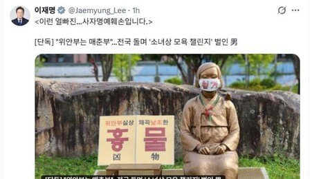 李대통령, 소녀상 모욕 극우단체에 “이런 얼빠진…사자명예훼손”