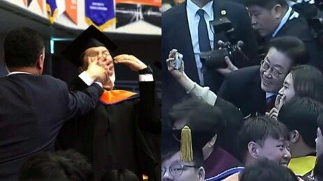 尹 ‘입틀막’ 카이스트서…李, 졸업생과 하이파이브-셀카