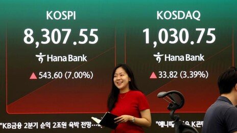 코스피 7%대 급등, 매수 사이드카 발동…종전 기대감에 8300선 회복