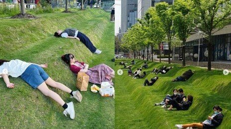 “점심 시간에 직행” 드러눕는 직장인들…빌딩 숲 ‘잔디 침대’ 화제