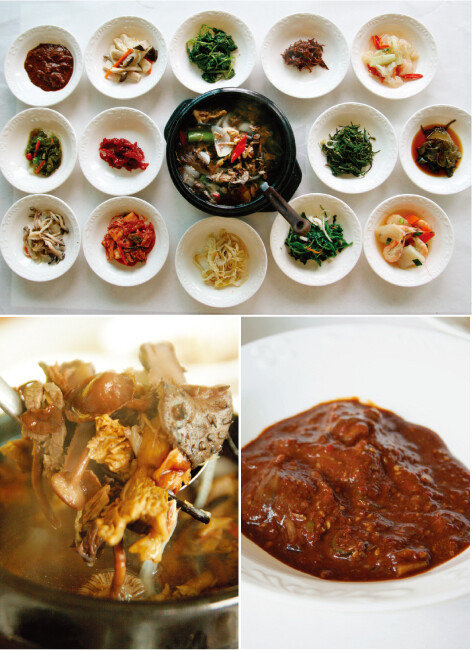 버섯탕과 깔끔한 맛의 밑반찬들. (위) 버섯탕에는 이름도 생소한 야생버섯이 가득 들어 있다. (왼쪽 아래) 가을에만 잠깐 나오는 별미인 전어밤젓.