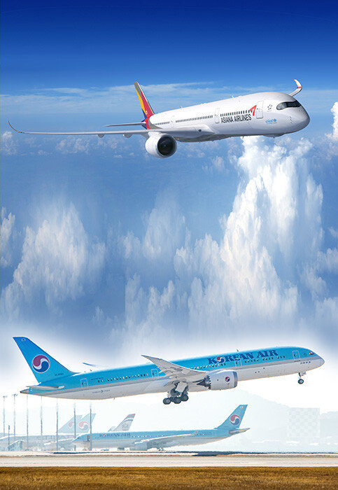아시아나항공 A350 항공기(위).  대한항공 B787-9 여객기. [아시아나항공, 대한항공]