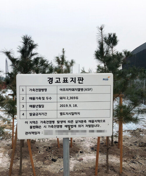 아프리카돼지열병 피해 농가 앞에 돼지 2369두를 매몰했다는 내용의 표지판이 서 있다.