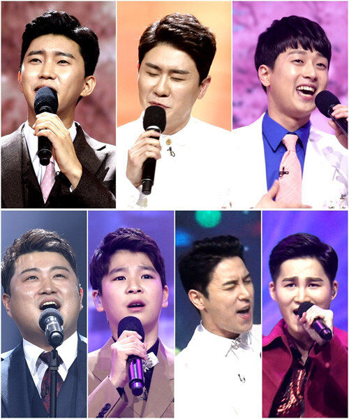 ‘미스터트롯’ 최종 결승전 진출자들. 첫째 줄 왼쪽부터 임영웅, 영탁, 이찬원, 김호중, 정동원, 장민호, 김희재. [TV조선 제공]