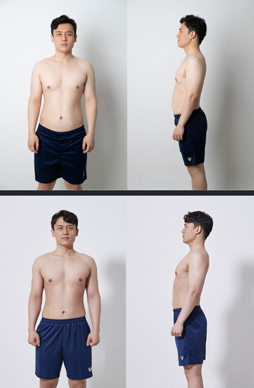 8월 3일 촬영한 이현준 기자의 몸(상)과 9월 22일 촬영한 이현준 기자의 몸(하) 체지방이 줄어들었고 태닝을 해 피부가 탔다.[지호영, 홍중식 기자]