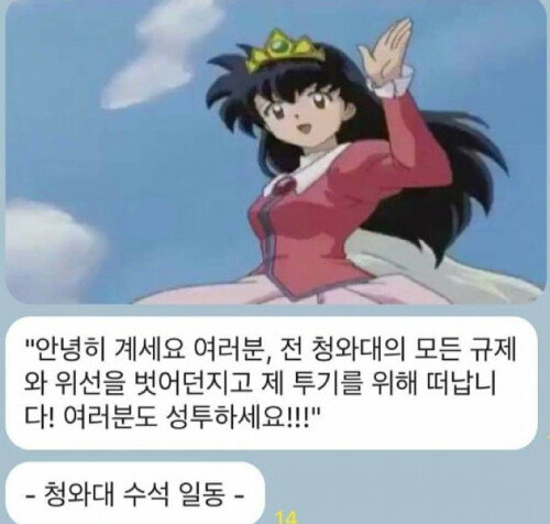 김조원 전 청와대 민정수석비서관의 ‘집 내놓기 쇼’와 문재인 정부의 위선을 겨냥한 풍자물. 인터넷 ‘짤’로 유명한 일본 만화 ‘이누야사’ 캐럭터 히구라시 카고메의 사진과 대사를 패러디했다. [인터넷 커뮤니티 캡처]