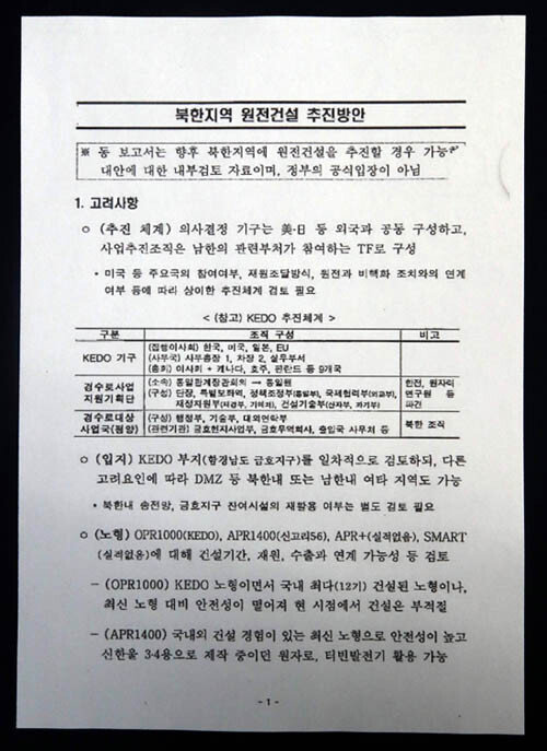 산업통상자원부가 2월 1일 공개한 ‘북한지역 원전건설 추진방안’ 문건. A4용지 6쪽 분량의 이 문건에는 북한 옛 KEDO 부지에 원전을 건설하는 안 등 3개의 원전 건설 방안이 담겼다. [산업통상자원부 제공]