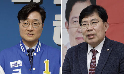 장철민 더불어민주당 대전 동구 후보(왼쪽)와 윤창현 국민의힘 대전 동구 후보. [조영철 기자]
