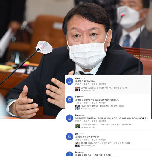 10월 22일 국회 대검찰청 국정감사에 출석한 윤석열 검찰총장(위). 네이버 실시간 댓글. [사진=뉴스1]