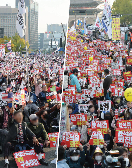  지난해 10월 22일 서울 종로구 동화면세점 앞에서 자유통일당 등 보수단체 집회 참가자들이 “문재인 이재명 구속” 등의 구호를 외치고 있다(왼쪽). 같은 시간 서울 중구 태평로빌딩 앞에서는 촛불승리전환행동이 연 집회 참가자들이 “윤석열 퇴진, 김건희 특검” 등의 구호를 외쳤다. [김동주 동아일보 기자]