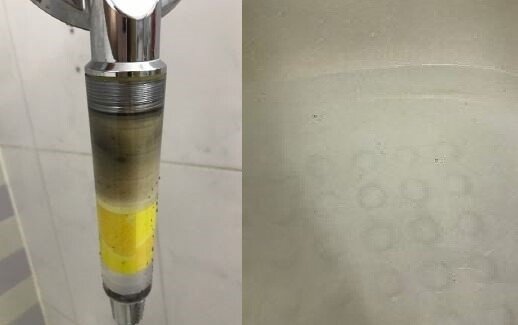 수질 안정화 발표 이후에도 까맣게 변한 샤워기 필터(왼쪽). 수돗물에는 검은 알갱이가 보인다(오른쪽) [김민영 영종 수돗물 정상화 대책위원회 위원 제공]