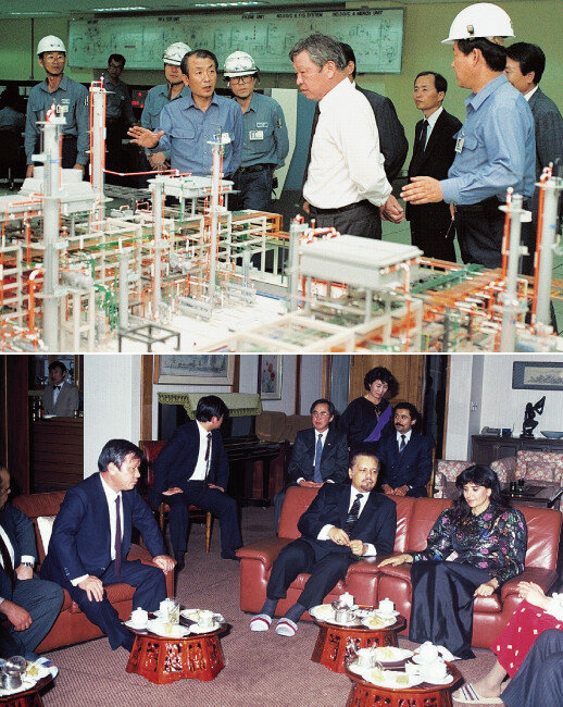 1991년 울산 콤플렉스(CLX) 
준공식에 참석한 최종현 전 SK 회장.(위) 최 회장이 1981년 내한한 야마니 사우디아라비아 석유장관(오른쪽에서 두 번째)과 담소를 나누는 모습. [사진 제공·SK]