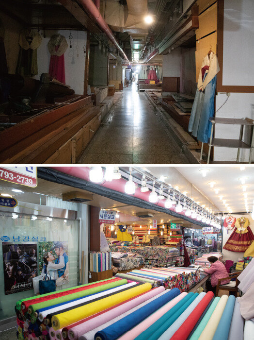 서울 종로구 광장시장 한복집 여러 곳이 문을 닫아 을씨년스러운 분위기를  자아낸다. [지호영 기자]