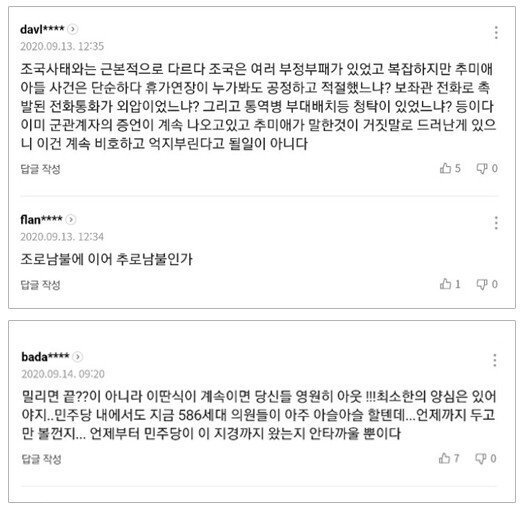 ‘점입가경…역풍 맞은 여권 ’추미애 수호대‘의 아무 말 대잔치’ 기사에 달린 댓글 가운데 일부.