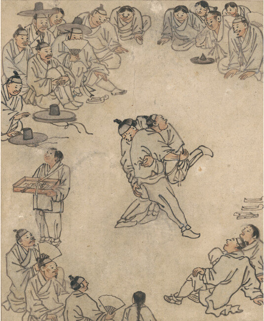 단원 김홍도의 ‘씨름’. 왼쪽 아래 구경꾼의 왼손과 오른손의 위치가 바뀌어 있다. [문화재청]