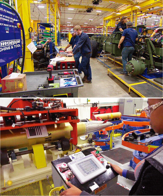 록히드마틴 엔지니어들이 미국 아칸소주 캠던 공장에서 고속기동포병로켓시스템 (하이마스)을 조립하고 있다. [록히드마틴]