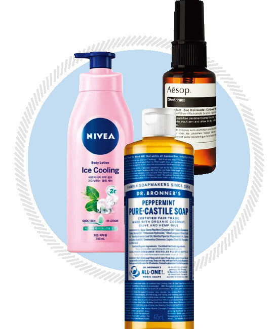 여름에 쓰기 좋은 니베아 아이스쿨링 보디로션, 이솝 데오드란트,
닥터브로너스 페퍼민트 보디워시
(왼쪽부터 시계 방향으로). [사진 제공 · 니베아, 사진 제공 · 이솝, 사진 제공 · 닥터브로너스] 