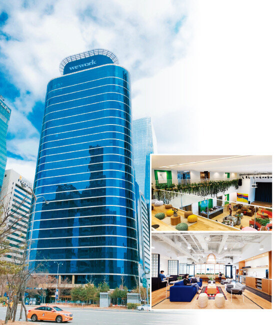 서울시 제2핀테크랩이 입주한 위워크 여의도역점은 서울 영등포구 여의도역 인근 HP빌딩 내 위치한다. 서울 영등포구 위워크 여의도역점의 내부 모습(오른쪽). [사진 제공 · 서울시, 위워크코리아]