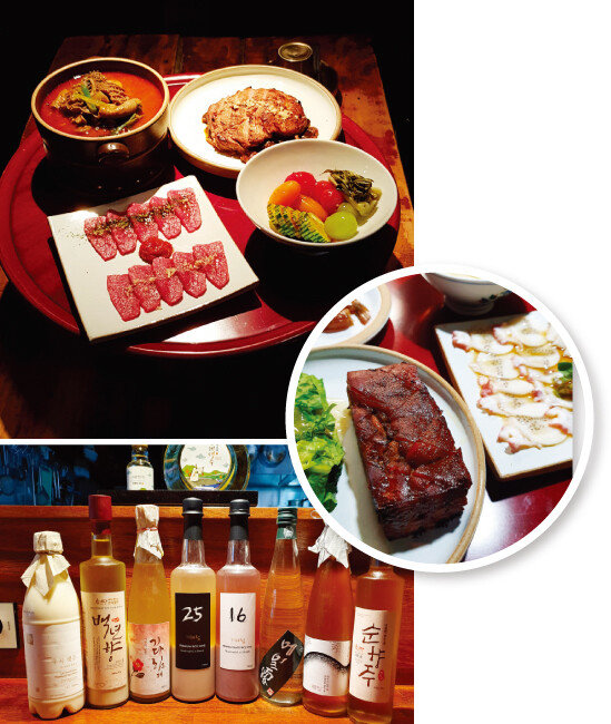 ‘산울림1992’의 한우 내장찜과 수비드 된장 맥적, 토마토샐러리 절임, 홍두깨를 쓴 한우 육회(맨 위 사진 왼쪽부터 시계 방향). ‘산울림1992’의 족발 편육과 이 주점에서 취급하는 전통주들(위부터). [사진 제공 · 산울림1992]