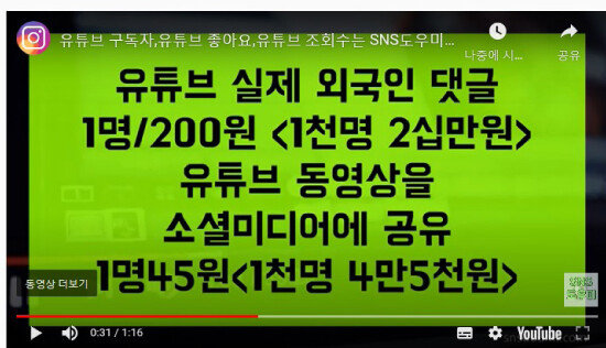 바이럴 마케팅 
업체의 
‘구독자 수 늘리기’ 
광고물.