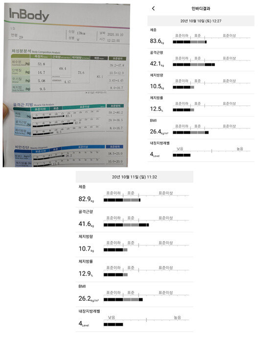 10월 10일 운동 직후 인바디 측정 결과. 헬스장 인바디 측정 결과(왼쪽)와 가정용 인바디 측정 결과(오른쪽)가 다소 다르다. 아래는 11일 아침 공복상태에서 측정한 인바디 측정 결과.