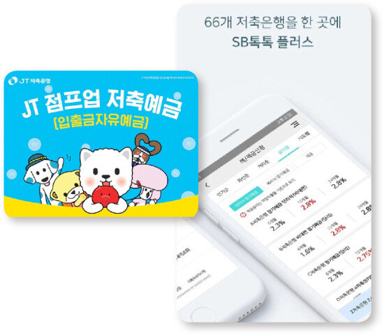 최고 연 2.1% 금리를 제공하는 JT저축은행의 파킹 통장 ‘JT 점프업 저축예금’(왼쪽)과 최근 출시된 저축은행 통합 모바일 애플리케이션 ‘SB톡톡 플러스’. [저축은행중앙회]