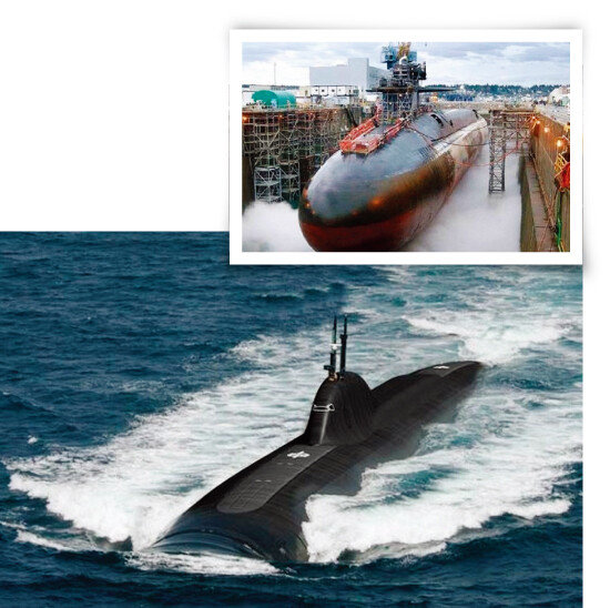 중국이 최신예 전략원잠(SSBN)인 탕급(096형) 핵잠수함을 건조하고 있는 모습(위). 중국의 탕급(096형) 핵잠수함. [중국군망, 환구시보]