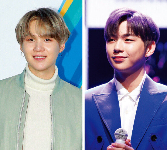 팬덤의 기부릴레이에 선한 영향력을 끼친 방탄소년단 슈가(왼쪽)와 강다니엘. [사진 제공 · 빅히트엔터테인먼트, 동아DB]