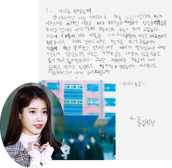 ‘기부 천사’로 큰 사랑을 받고 있는 아이유(원 안). ‘두근:대결구도’ 사이트에서 진행된 아이유 팬덤의 열성적인 투표에 힘입어 심장병 수술을 받은 한 학생의 손편지. [한국심장재단, 뉴스1]
