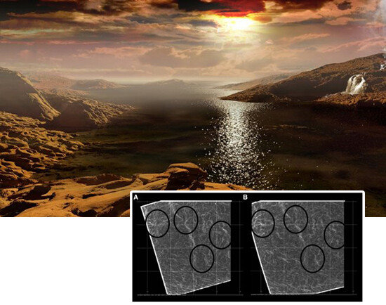 금성의 바다 상상도(위). 금성 대기 속의 검은 얼룩 [Vaaju.com, americaspace.com]