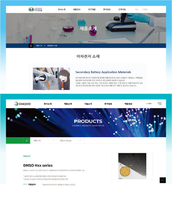 배터리 전해액 소재 전문 기업 천보(위). 대주전자재료는 국내 유일 실리콘 음극재 생산업체다. [천보 홈페이지 캡처, 대주전자재료 홈페이지 캡처]