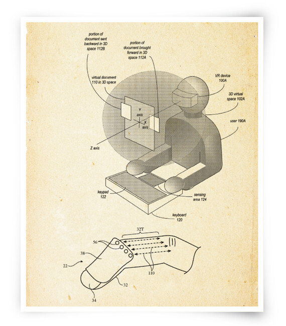 애플 AR헤드셋에는 현실감을 높이기 위해 10개 넘는 카메라가 탑재될 예정이다(위). 지난해 애플이
특허 출원한 손가락 장착 햅틱 장치. [미국 특허청]