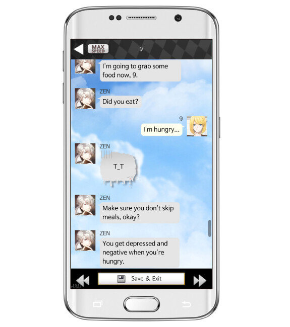 ‘수상한 메신저’ 영어 버전. 게임 캐릭터가 사용자에게 ‘밥은 먹었니?(Did you eat?)’라고 묻고 ‘절대 끼니 거르지 마(Make sure you don′t skip meals, okay?)’라고 덧붙이기까지 한다. [모바일 캡쳐]