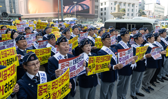 재향군인회원들이 3월 31일 서울 중구 주한 중국대사관 인근에서 중국이 서해에 무단으로 설치한 인공구조물 철거를 촉구하고 있다. 뉴스1