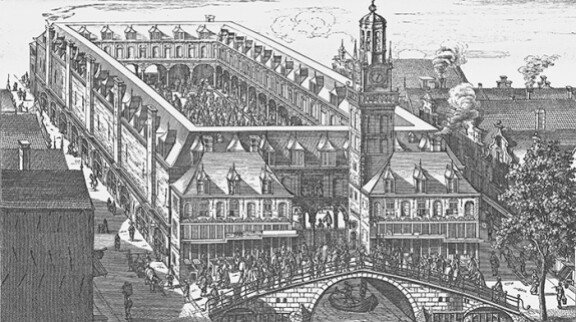 1608년에는 최초의 근대적 증권거래소인 암스테르담 증권거래소(Amsterdam Bourse)가 설립됐다. 그림은 암스테르담 증권거래소를 묘사한 판화. 위키피디아