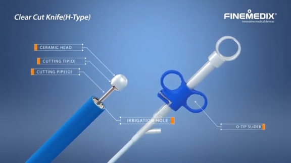 파인메딕스가 세계 최초로 개발한 하이브리드형 점막하 박리술용 나이프(ESD-Knife). [파인메딕스 유튜브 캡쳐]
