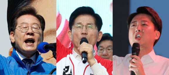 제 21대 대통령 선거에 출마한 더불어민주당 이재명, 국민의힘 김문수, 개혁신당 이준석 후보(왼쪽부터)가 각각 선거 유세에서 지지를 호소하고 있다. 뉴스1 