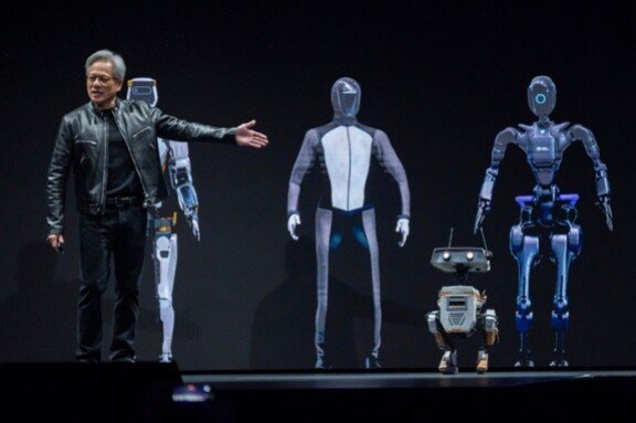 1월 ‘CES(국제전자제품박람회) 2025’에서 로봇용 인공지능(AI) 개발 플랫폼 ‘코스모스’를 공개한 젠슨 황 엔비디아 최고경영자. GETTYIMAGES