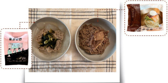 봉피양(왼쪽)과 피양옥에서 직접 출시한 평양냉면 밀키트. 각각 얼갈이 절임과 편육을 고명으로 제공한다. 이슬아 기자