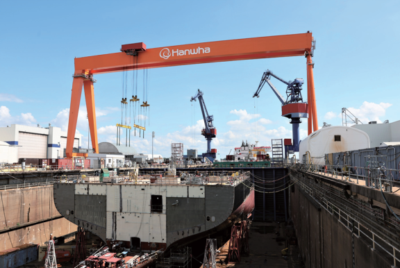 미국 펜실베이니아주에 있는 한화 필리조선소에서 7월 16일(현지 시간) ‘국가안보다목적선박’이 건조되고 있다. 한화오션 제공