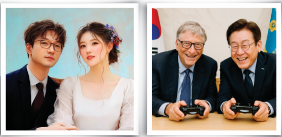 ‘미드저니’(왼쪽)와 ‘달리’에 이재명 대통령과 빌 게이츠 이사장 사진을 넣고 “두 사람이 컴퓨터 게임을 하는 장면을 만들어줘”라고 입력하자 각각 생성된 이미지. 미드저니 생성 이미지·달리 생성 이미지
