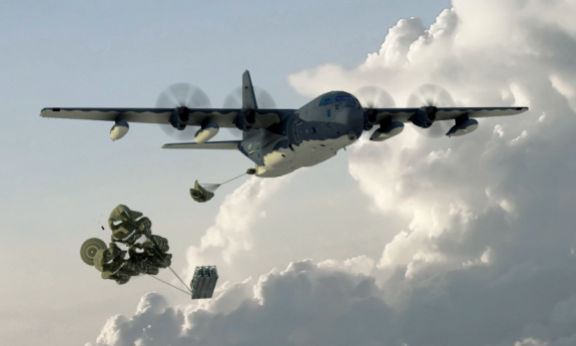 미 공군 MC-130 수송기에서 미사일이 탑재된 팰릿이 투하되는 이미지. 최근 미국은 미사일 투발 수단을 다양화하고 있다. 록히드마틴 제공 