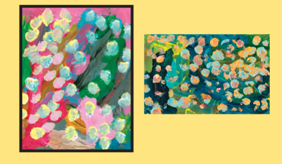 장애인 예술가 린지 앤더슨이 2019년에 그린 작품 ‘스프링 러시(Spring Rush)’(왼쪽)와 ‘라이츠(Lights)’. 푸르메재단 제공