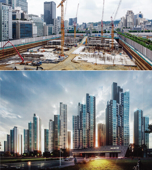 올해 하반기 서울 강남권에서 분양 시작을 알릴 서초구 서초동 서초우성1차 아파트 공사 현장(위)과 조감도. [김도균]