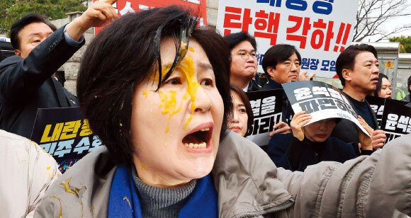 더불어민주당 백혜련 의원이 3월 20일 오전 서울 종로구 헌법재판소 앞에서 열린 윤석열 대통령 신속 파면 촉구 기자회견에서 생달걀을 얼굴에 맞은 뒤 윤 대통령 지지자들에게 항의하고 있다. 뉴스1