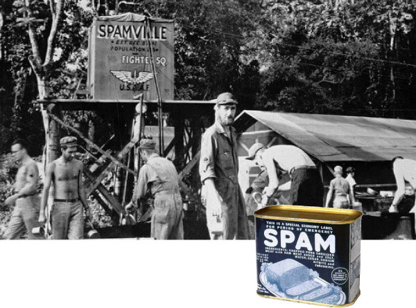 제2차 세계대전 때 미군부대 ‘캠프 스팸빌’(위)과 당시의 스팸. [Hormel Foods Corporation]