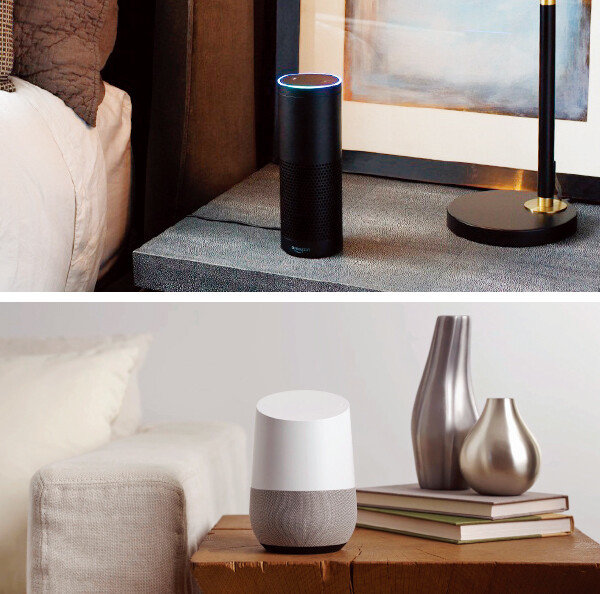 아마존의 인공지능(AI) 플랫폼 알렉사를 탑재한 인공지능 스피커 ‘에코’(위). 구글의 음성인식 기반 인공지능 스피커 ‘구글홈’.[사진 제공·아마존,유튜브 캡처]