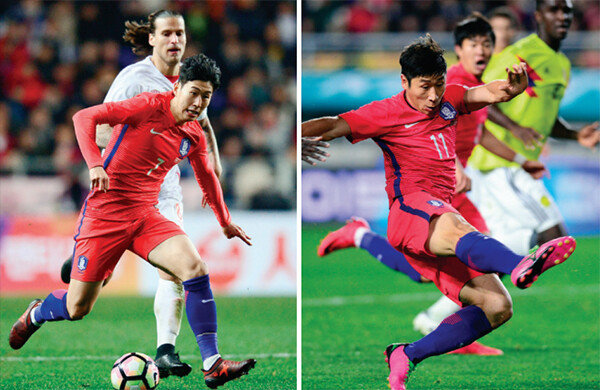 11월 14일 울산문수축구경기장에서 열린 한국과 세르비아의 평가전에서 수비수를 제치고 있는 손흥민(왼쪽). 11월 10일 수원
월드컵경기장에서 열린 한국과 콜롬비아의 평가전에서 뛴 이근호.[스포츠동아]