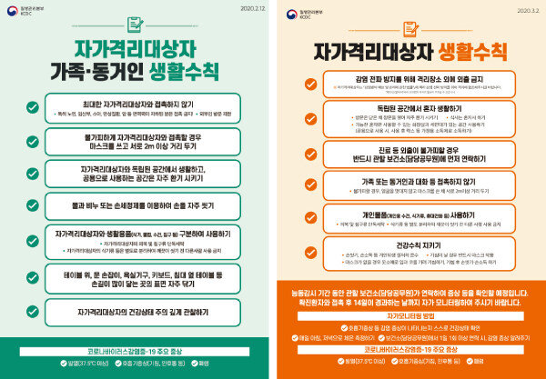 질병관리본부가 마련한 자가격리 대상자와 그 가족, 동거인을 위한 생활수칙. [사진 제공 · 질병관리본부]